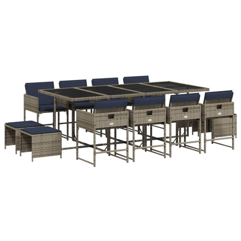 vidaXL Patio Dining Set - 13 Piece Garden Furniture with Cushions - Gray Poly Rattan with Glass Table - Outdoor, Garden, Backyard, Patio Use