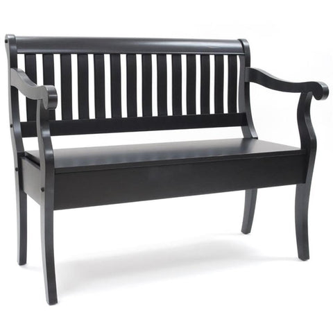 Carolina Chair & Table Veranda Wooden Storage Bench, Elm Finish, Handcrafted Wood Seat with Hidden Storage - Traditional Slatted Back & Scrolled Arms, Indoor Entryway Bench (Antique Black)