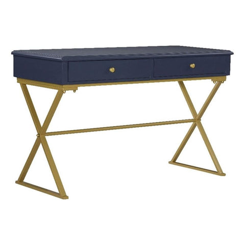 Linon Campaign Two Drawer Desk Gold Metal Criss Cross Legs Top in Blue Wood