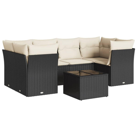 vidaXL Patio Sofa Set with Cushions 7 Piece, Sectional Sofa with Glass Table, Outdoor Conversation Set, Modern Style, Black Poly Rattan