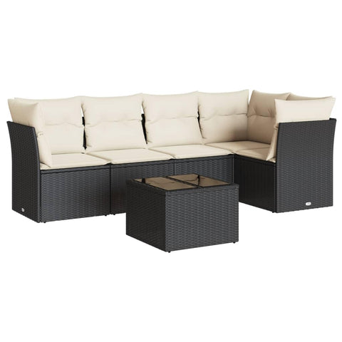 vidaXL Patio Sofa Set with Cushions 6 Piece, Patio Furniture with Glass Table, Outdoor Conversation Set, Modern Style, Black Poly Rattan