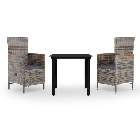 vidaXL 3-Piece Patio Dining Set with Reclining Chairs - Outdoor Garden Furniture Set in Gray and Black - Easy-to-Clean Glass Tabletop, Water- PE Rattan, and Thickly Padded Cushions