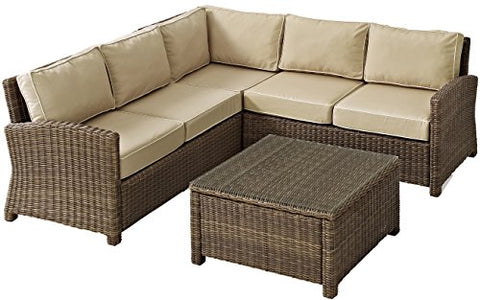 Bradenton 4Pc Wicker Outdoor Sectional Patio Furniture Set Sand/Weathered Brown - Right Corner Loveseat, Left Corner Loveseat, Corner Chair, & Sectional Glass Top Coffee Table