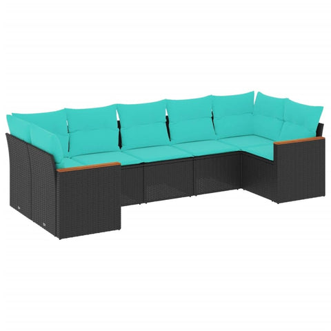 vidaXL Patio Sofa Set 7 Piece Black Poly Rattan with Blue Cushions - Outdoor Furniture for Garden, Deck, and Terrace