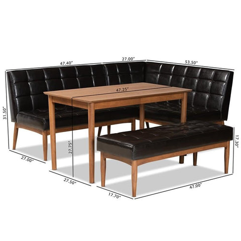 Baxton Studio Sanford Mid-Century Modern Dark Brown Faux Leather Upholstered and Walnut Brown Finished Wood 4-Piece Dining Nook Set