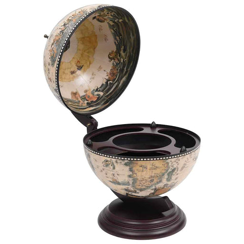 vidaXL White and Brown Tabletop Globe Bar Wine Stand, Solid Eucalyptus Wood, 16th Century Nautical Maps and Antique Frescoes Design, Rotating Storage, 15" x 13" x 18.9"