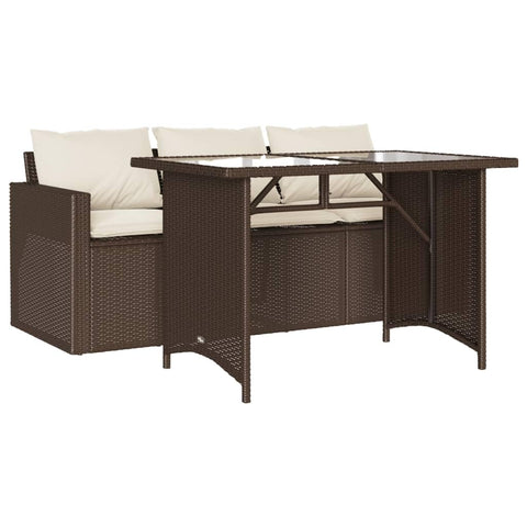 vidaXL Patio Dining Set - 2-Piece Brown Poly Rattan Outdoor Furniture with Cushions - Tempered Glass Top Table & 3-Seater Sofa for Garden, Backyard, Patio