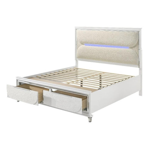 Acme Tarian Wood Eastern King Bed with Storage & LED in White/Pearl White