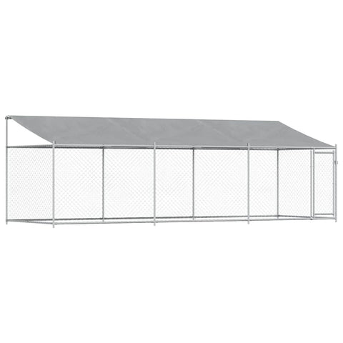 vidaXL Outdoor Dog Kennel with Roof - Gray Galvanized Steel Animal Cage, Ventilated Mesh, Lockable Door, Weather, 19.7' x 6.6