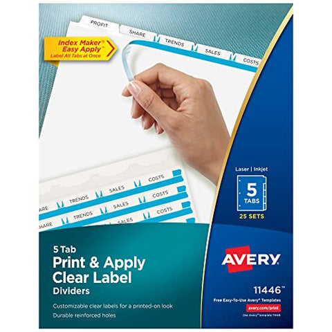 Print and Apply Index Maker Clear Label Dividers 5-Tab White Tabs 11 x 8.5 White 25 Sets