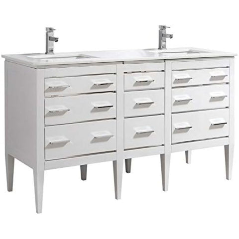Oakestry Eiffel 60 Inch High Gloss White Double Sink Freestanding Modern Bathroom Vanity with White Quartz Countertop and Soft?Close Drawers