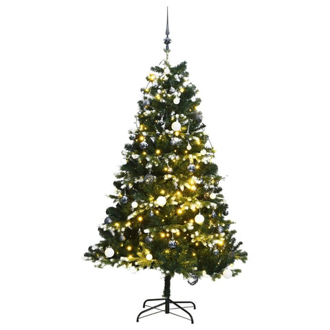 vidaXL Modern Artificial Christmas Tree with Snow Decorations, LED Lights, and Ball Set, 82.7" Green and White Festive Decor