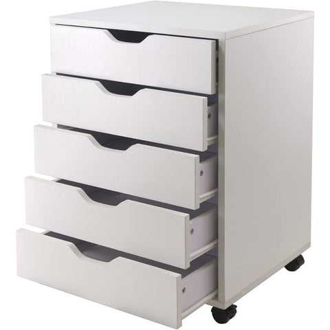 Oakestry Halifax 5 Drawer Composite Wood Cabinet White Sleek Storage Organizer Compact Space Saving Tall Chest for Bedroom Office Closet Stylish Modern Furniture for Home Decor and Organization