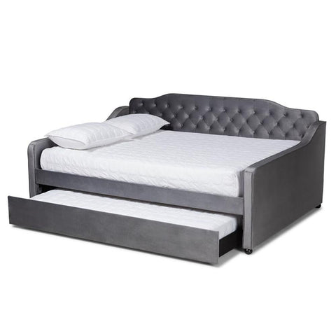 Baxton Studio Freda Gray Velvet Button Tufted Queen Wood Daybed with Trundle