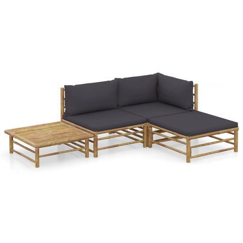 vidaXL Bamboo Patio Lounge Set with Dark Gray Cushions- Scandinavian Style Outdoor Furniture - 4 Piece Modular Design - Cushions Included for Added Comfort