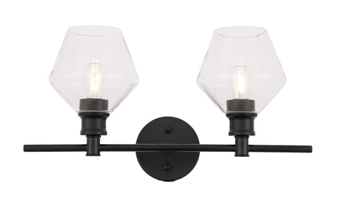 Living District Gene Industrial Mid-Century Modern 2 Light Entryway and Bathroom Wall Sconce in Black and Clear Glass