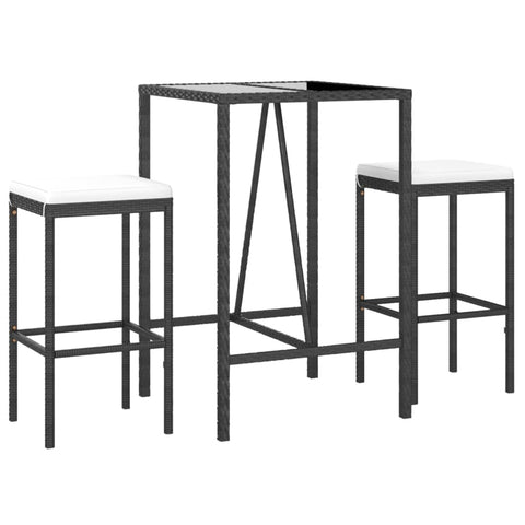 vidaXL - 3 Piece Patio Bar Set with Cushions Black Poly Rattan/Stylish Garden Pub Table and Stools/Tempered Glass Top/Weather- for Patio, Deck, Outdoor Lounge Area