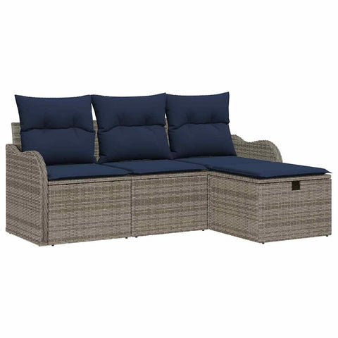 vidaXL Sofa Set with Cushion 4 pcs Grey and Navy Poly rattan, Chill Garden Sofa Set, Modular Outdoor Couch, Stylish Rattan, Tough Weatherproof Furniture for Your Terrace