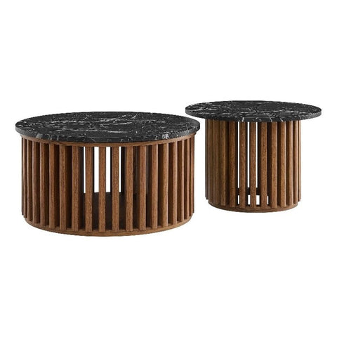 Modway Fortitude Round Faux Marble Wood Nesting Coffee Table Set in Walnut Black - Modern Drum End Table and Coffee Table with Faux Marble Top and Timber Strips