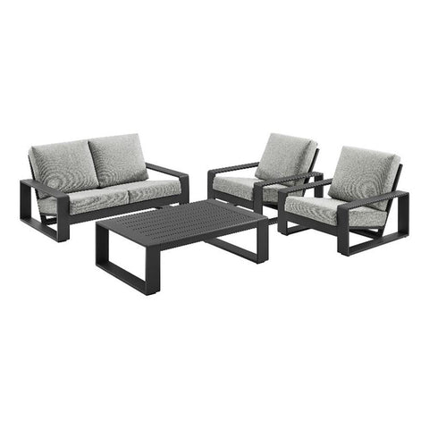Modway Lirienne Aluminum 4-Piece Backyard Furniture Set in Light Gray – Patio Conversation Set with 2 Armchairs, Loveseat & Coffee Table