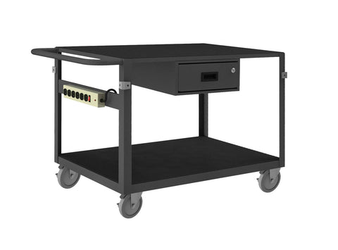 Instrument Cart 14 Gauge Steel 2 Shelves 24 x 36 1000 lbs. Capacity Wood Top w/ Vinyl Matting Cover Corner Bumpers Power Strip (4) Swivel w/ Side Brakes - 5 x 1-1/4 Polyurethane Caster Gray
