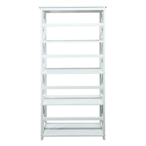 Oakestry Montego 5 Shelf White Bookcase Modern Wooden Tall Display Rack Storage Organizer Vertical Open Bookshelf Space Saving Home Office Living Room Bedroom Furniture Decorative Accent