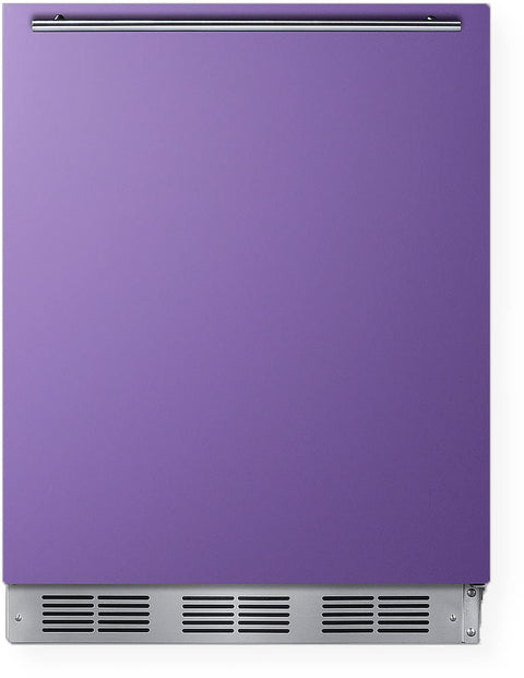 Undercounter 24 refrigerator-freezer for residential use with lavender purple door stainless steel handle and black cabinet