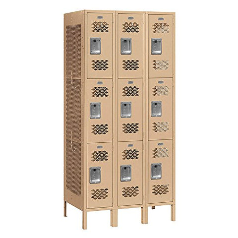 Salsbury Industries Assembled 3-Tier Vented Metal Locker with Three Wide Storage Units, 6-Feet High by 18-Inch Deep, Tan