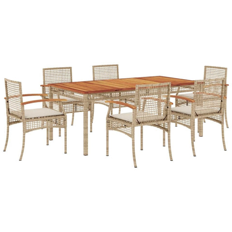 vidaXL Patio Dining Set with Cushions - 7 Piece Outdoor Furniture - Beige Poly Rattan - for Garden, Backyard, Patio - Acacia Wood Table - Removable Cushion Covers