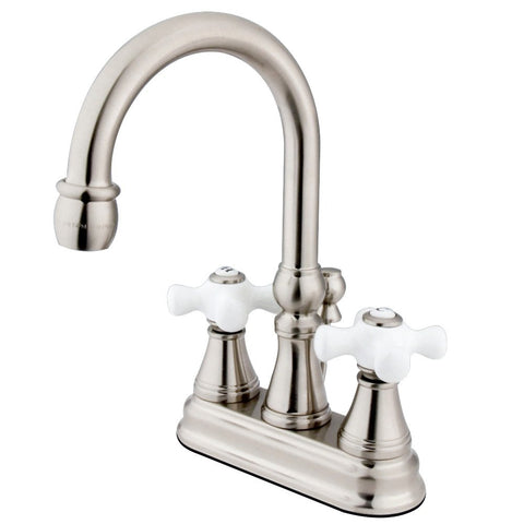 Kingston Brass KS2618PX Governor 4-Inch Centerset Lavatory Faucet with Brass Pop-Up and Porcelain Cross Handle, Brushed Nickel