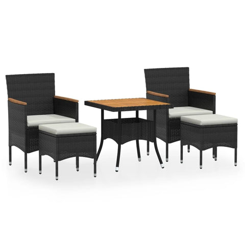 vidaXL 5 Piece Garden Dining Set Poly Rattan & Solid Acacia Wood Black Square Table and Cushioned Seating Outdoor Furniture for Balcony Patio Chairs Footstool Footrest