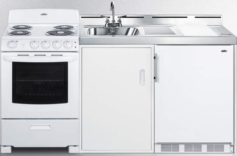 Summit 72" All-in-One Kitchenette with Electric Coil Range, Refrigerator-Freezer, Sink, White- ACK72COILW