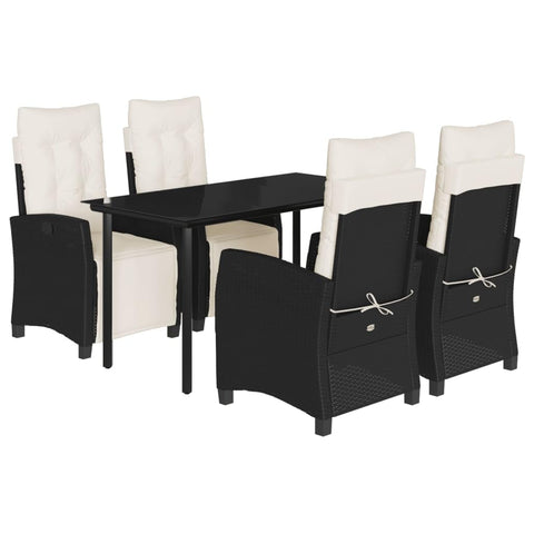 vidaXL 5 Piece Patio Dining Set with Cushions - Black Poly Rattan, Adjustable Seating, Tempered Glass Tabletop, Ideal for Garden, Backyard, or Patio