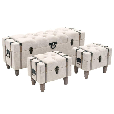 vidaXL Trio Storage Benches, Solid Wood Construction, Cream-Tone Fabric Upholstery, Travelling Trunk Inspired Design, Decorative Metallic Accents, Vintage Style