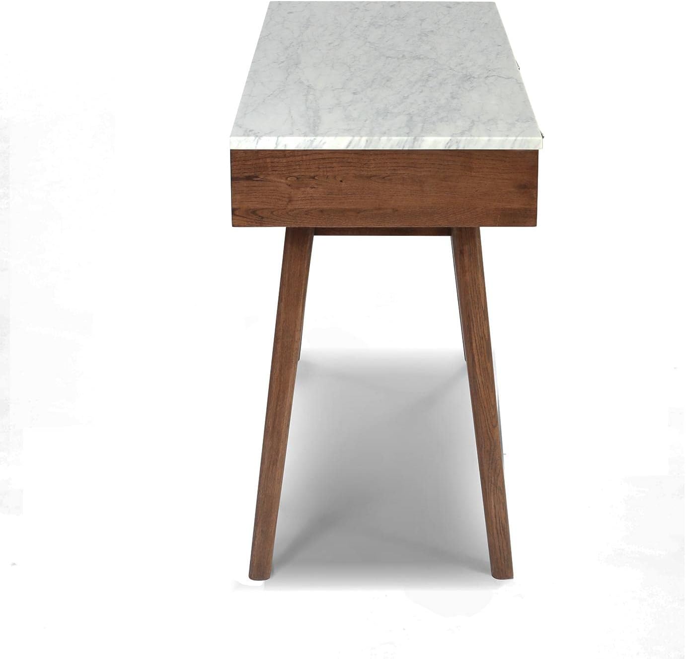 Bianco Contemporary Durable Viola Italian Carrara White Marble Writing Desk with Storage & Walnut Legs - 44", Rectangular