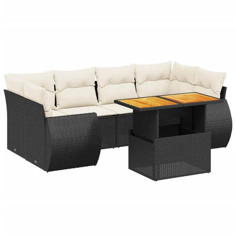 vidaXL 7 Piece Modular Outdoor Sofa Set with Cushions Black and Cream | Weather Resistant PE Rattan Steel Elegant Contemporary Design Perfect for Patio Terrace Balcony Lounge