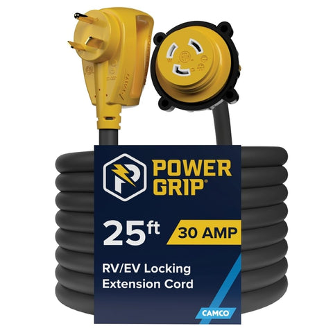 Camco Power Grip 25-Ft 30 Amp RV Extension Cord w/Locking End - Rated for 125V / 3,750W - Features Threaded Locking Ring for Weatherproof Connection & RV Power Cord 90° Head (55501)