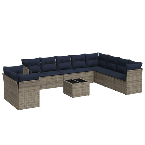 vidaXL Patio Sofa Set with Cushions 11 Piece, Sectional Sofa with Glass Table, Outdoor Conversation Set, Modern Style, Gray Poly Rattan