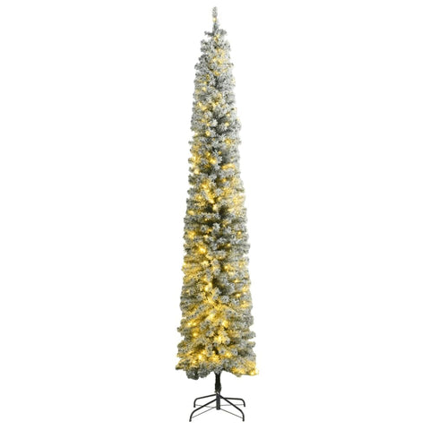 vidaXL Slim Christmas Tree with 300 LEDs - Flocked Snow Xmas Decor - 8 Lighting Modes - Green/White PVC - 106.3" Tall - 25.6" Diameter