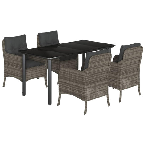 vidaXL 5-Piece Patio Dining Set - Gray Poly Rattan with Cushions & Glass Tabletop - Outdoor Garden Furniture