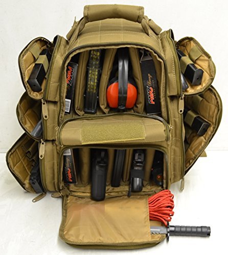 Backpack + Range Bag with Large Padded Deluxe Tactical Divider and 9 Clip Mag Holder - Rangemaster Gear Bag Explorer, Tan