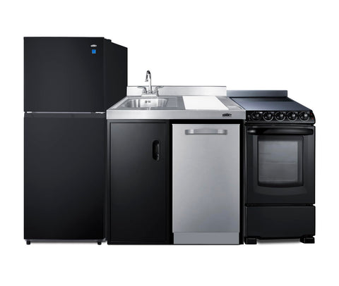 Summit 80" All-in-One Kitchenette with Gas Range, Refrigerator-Freezer, Dishwasher, Sink, Black/Stainless Steel- ACK80HT