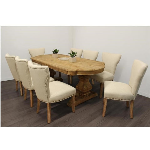 Moti 9-Piece Dining Set - 84" Table & 8 Ivory Linen Chairs in Natural