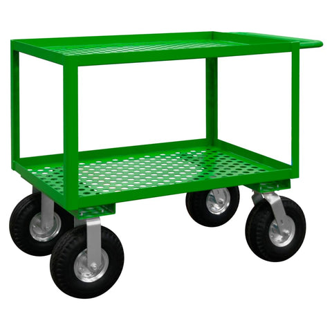 Garden Cart With 10 Inch x 3-1/2 Inch Pneumatic Casters (2) Rigid And (2) Swivel 2 Perforated Shelves 18-1/16 Inch Distance Between Shelves 1-1/2 Inch Lips Up And Tubular Push Handle Green