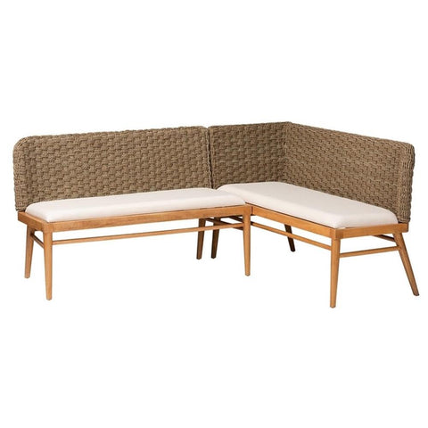 bali & pari Denver Modern Bohemian Natural Seagrass and Acacia Wood 2-Piece Dining Nook Banquette Set
