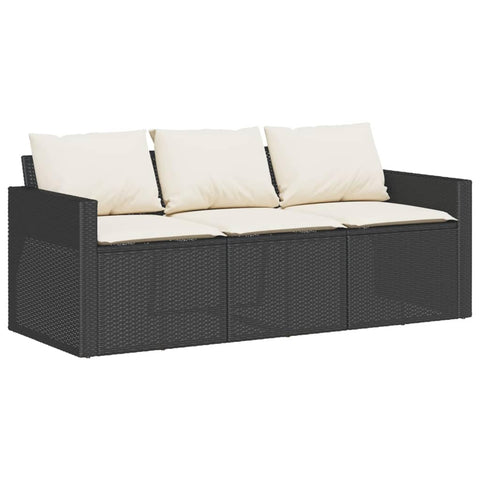 vidaXL Patio Sofa with Cushions 3-Seater Outdoor Seating Black Poly Rattan - Weather & Removable Covers