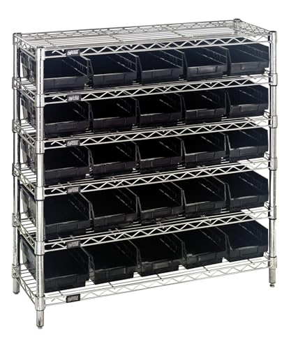 Quantum Storage Systems WR6-36-1236-102BK 6-Tier Complete Wire Shelving System with 25 QSB102 Black Economy Shelf Bins, Chrome Finish, 36" Height x 36" Width x 12" Depth
