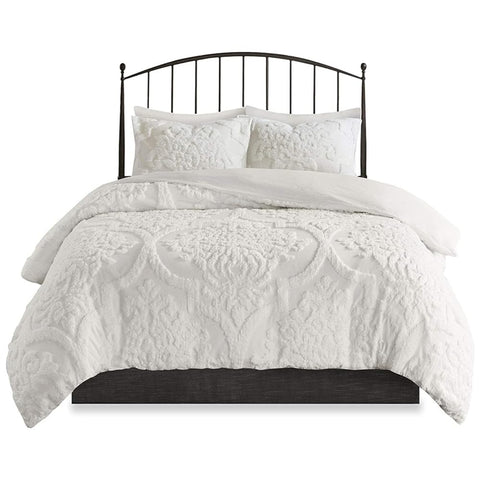 Oakestry 3pc Tufted Damask Chenille Design Cotton Comforter Lightweight with Matching Shams All Season Bedding Set, King/Cal King(104"X92"), Off White