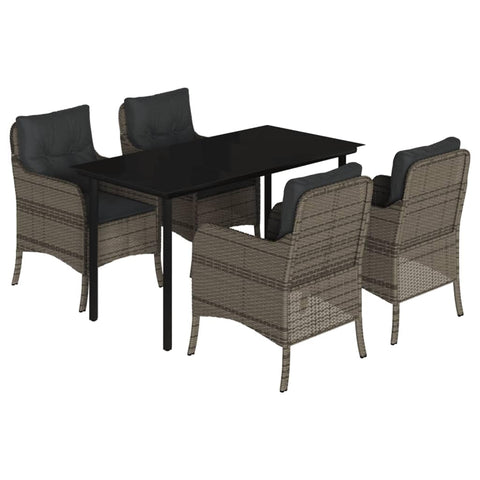 vidaXL 5 Piece Patio Dining Set - Gray Poly Rattan, Cushions, Tempered Glass Table, Outdoor Garden Furniture