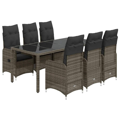 vidaXL 7 Piece Garden Bistro Set with Cushions | Outdoor Poly Rattan Dining for 6 Adjustable Reclining Chairs and Tempered Glass Table Grey Finish Furniture Patio Balcony Rectangular Seater Wicker